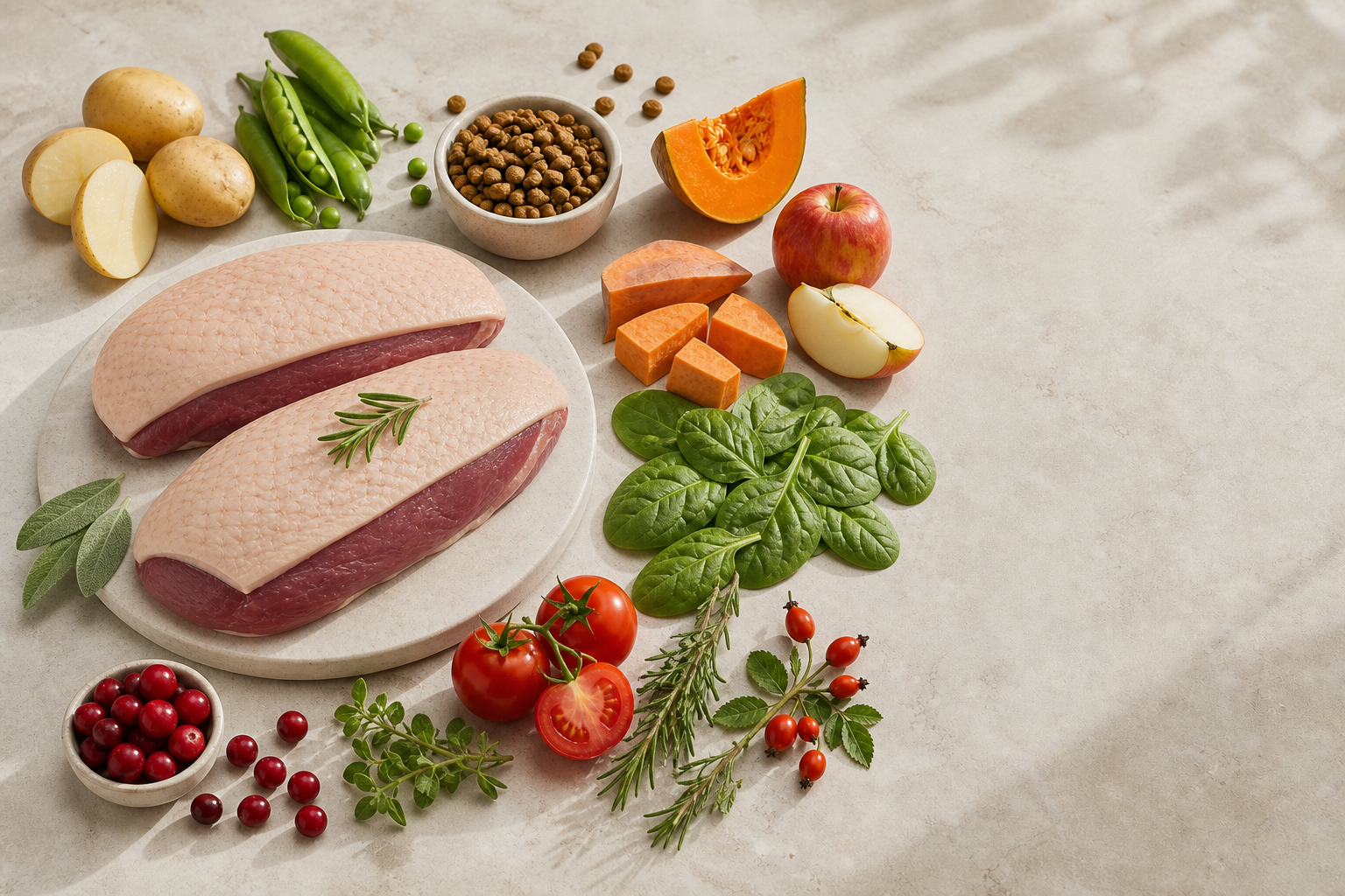 Hlavné suroviny receptúry Oasy Grain Free Adult Medium/Large Duck – granule pre psy