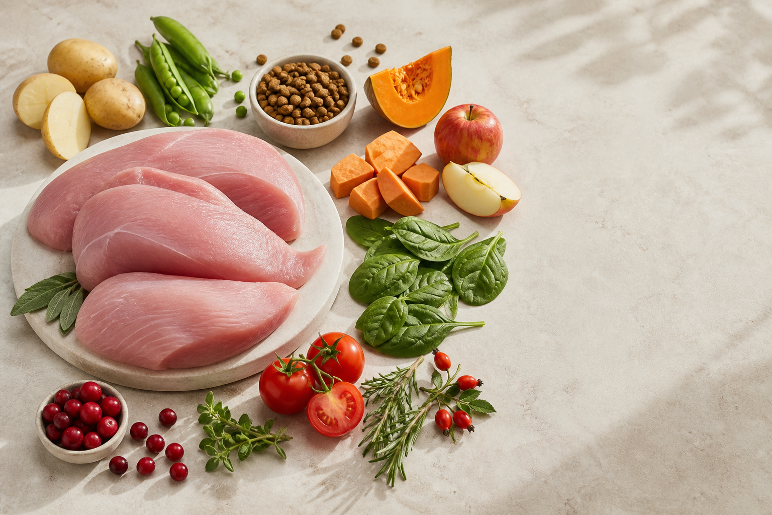 Hlavné suroviny receptúry Oasy Grain free Puppy Medium/Large Turkey – granule pre šteňatá