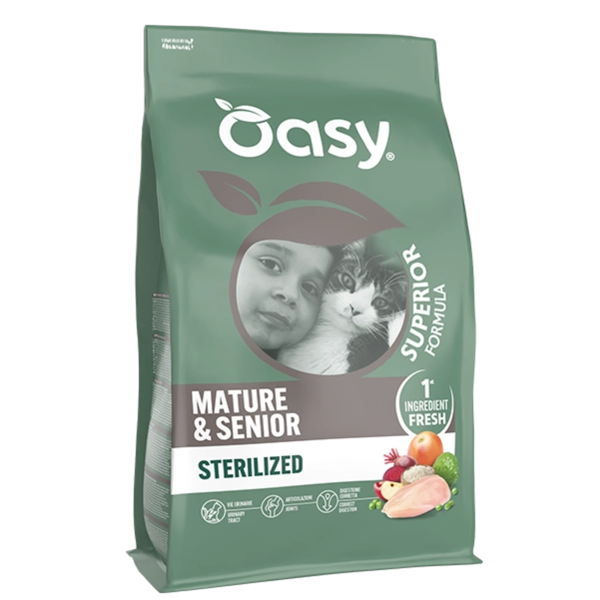 Oasy Superior formula Mature & Senior Sterilized Chicken – granule pre mačky – transparentné oficiálne balenie