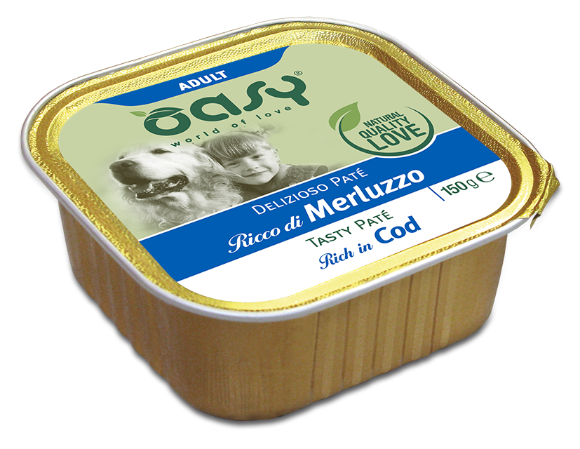 Oasy Tasty paté Adult Rich in Cod – vanička pre psy 150 g – transparentné oficiálne balenie