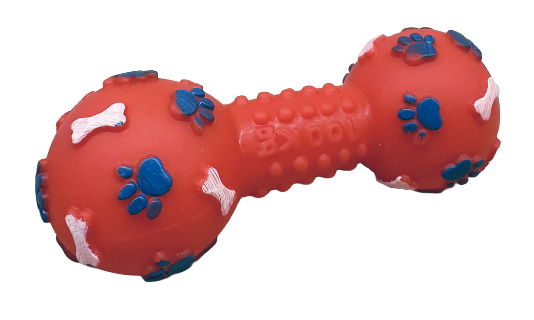Pískací hračka pro psa Dumbbell 13 cm červená