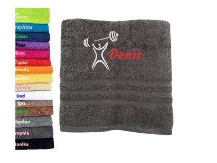 Hand/Badetuch mit Namen Schön gesticktes Sportmotiv (Fitness) aus 100% Baumwolle