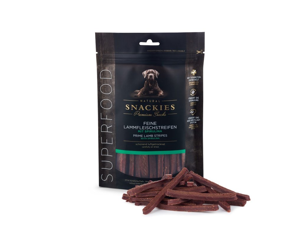 snackies feine lammfleischstreifen mit spirulina 170g tuete mit produkt