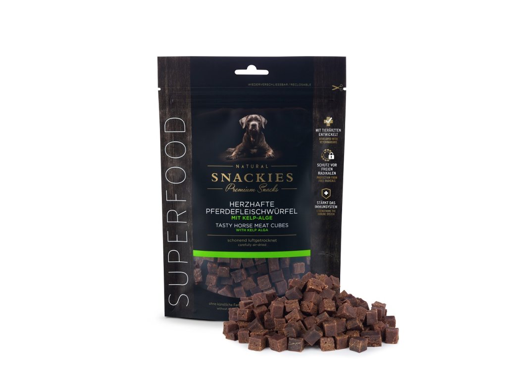 snackies herzhafte pferdefleischwuerfel mit kelp alge 170g tuete mit produkt