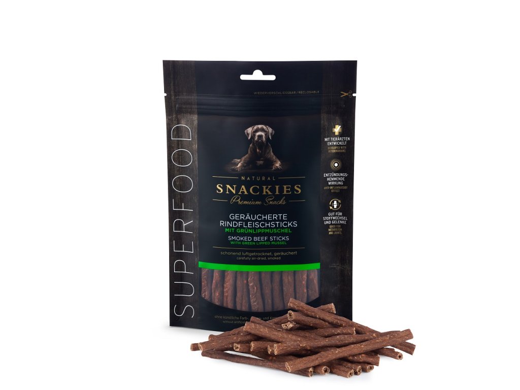 snackies geraeucherte rindfleischsticks mit gruenlippmuschel 170g tuete mit produkt