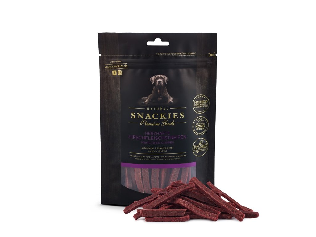 snackies herzhafte hirschfleischstreifen 170g tuete mit produkt