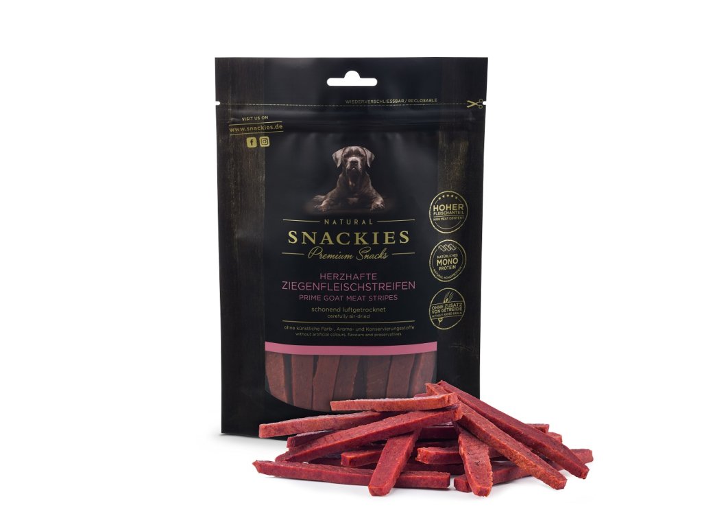 snackies herzhafte ziegenfleischstreifen 170g tuete mit produkt