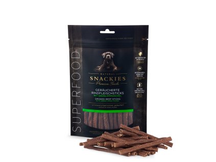 snackies geraeucherte rindfleischsticks mit gruenlippmuschel 170g tuete mit produkt