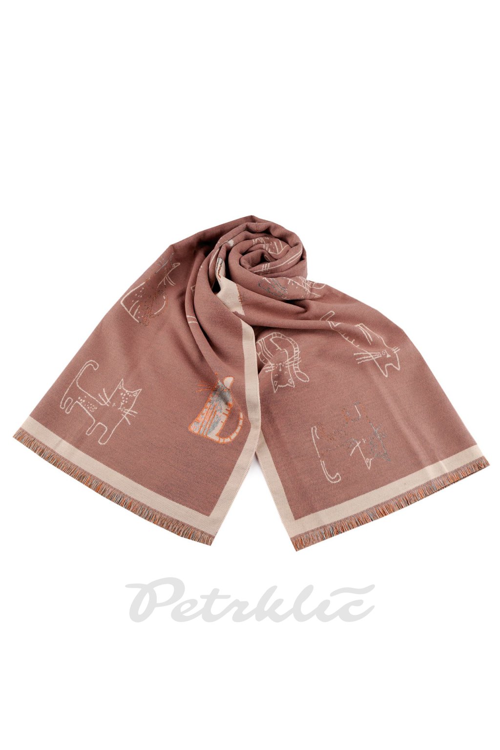 Zimní šála / pléd s třásněmi, kočky 65x180 cm L870902 (Varianta 11 béžová velbloudí)