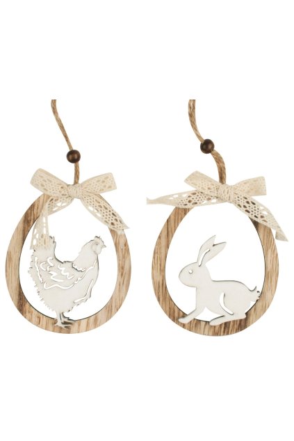 Oválek k zavěšení dřevěný zajíc/slepička 11 cm L8732