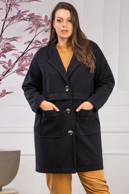 Oversize kabát s ozdobnými knoflíky MEGAN KARKO K629 černý