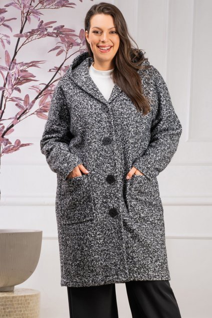 Rovný kabát s kapucí a knoflíky APOLLA KARKO K636 černobílý