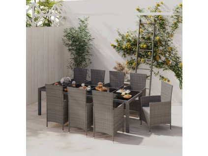 9dílný zahradní jídelní set s poduškami polyratan šedý
