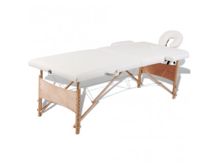 Krémově bílý skládací masážní stůl se 2 zónami a dřevěným rámem