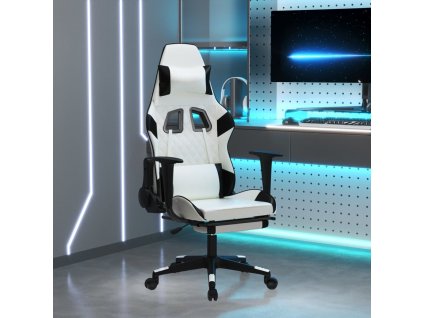 Herní židle s podnožkou bílá a černá umělá kůže