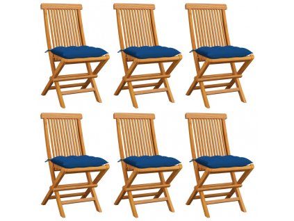 Zahradní židle s modrými poduškami 6 ks masivní teak