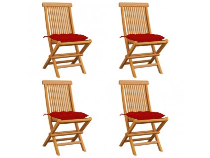 Zahradní židle s červenými poduškami 4 ks masivní teak