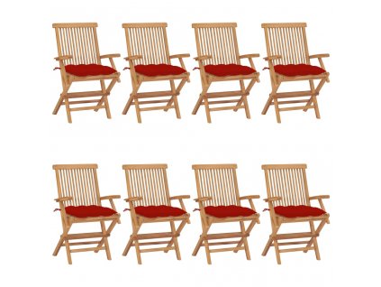 Zahradní židle s červenými poduškami 8 ks masivní teak