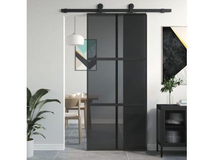 Posuvné dveře černé 90 x 205 cm tvrzené sklo a hliník