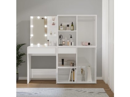 LED toaletní stolek se 2 skříňkami lesklý bílý kompozitní dřevo