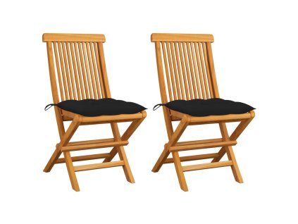 Zahradní židle s černými poduškami 2 ks masivní teak