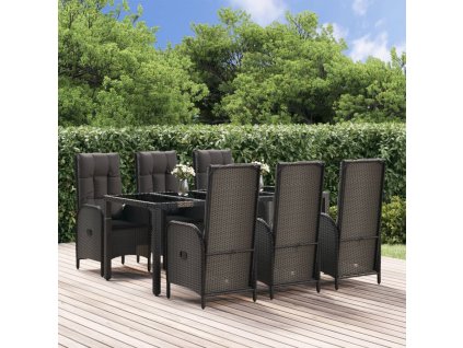 7dílný zahradní jídelní set s poduškami černý a šedý polyratan