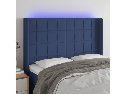 Čelo postele s LED modré 147 x 16 x 118/128 cm textil