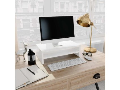 Stojan na monitor bílý vysoký lesk 42x24x13 cm kompozitní dřevo