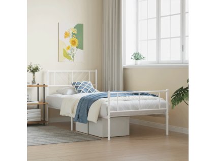 Kovový rám postele s hlavovým a nožním čelem bílý 75 x 190 cm