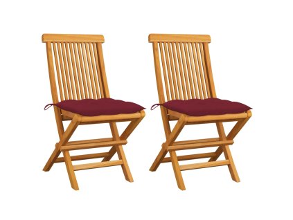 Zahradní židle s vínovými poduškami 2 ks masivní teak