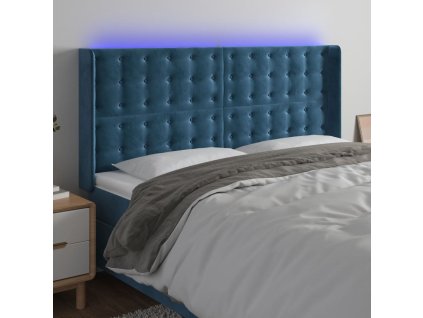 Čelo postele s LED tmavě modré 183 x 16 x 118/128 cm samet