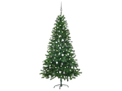Umělý vánoční stromek s LED a sadou koulí 180 cm zelený