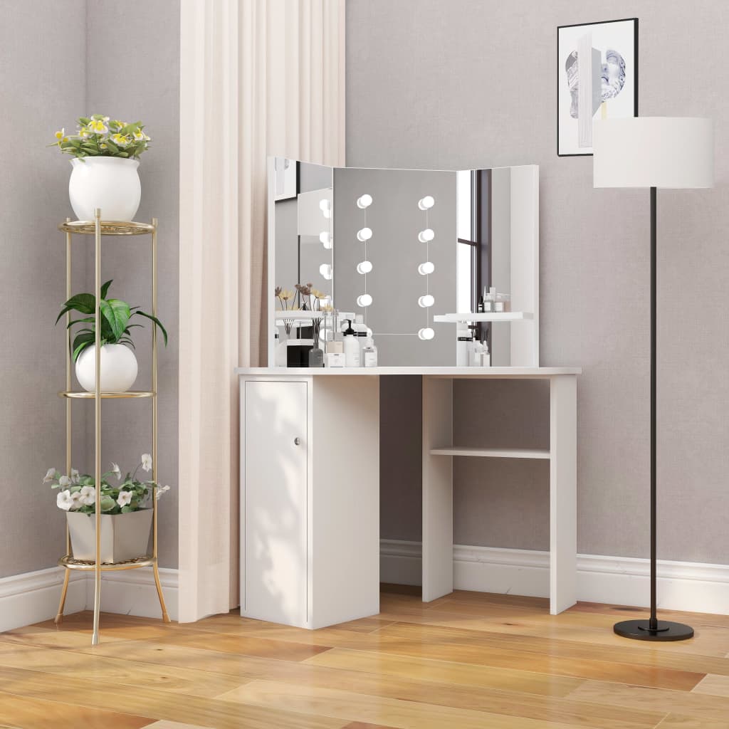 PETROMILA Rohový toaletní stolek na líčení s LED světlem bílý