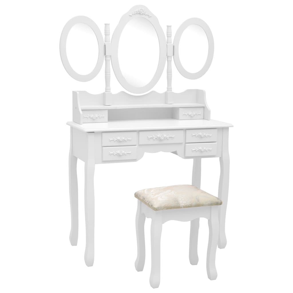 PETROMILA Toaletní stolek se stoličkou a 3dílné skládací zrcadlo bílý