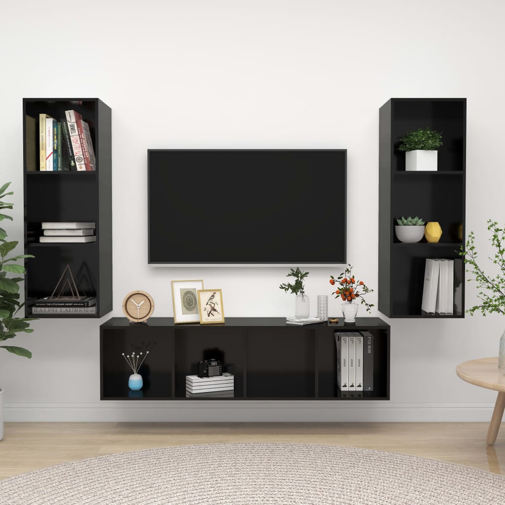 PETROMILA 3dílný set TV skříněk černý s vysokým leskem kompozitní dřevo