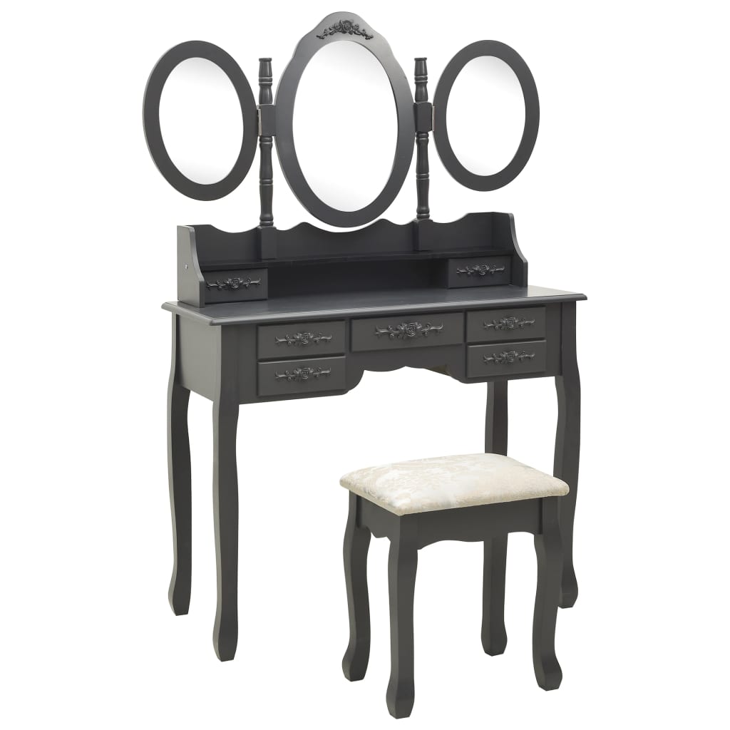 PETROMILA Toaletní stolek se stoličkou a 3dílné skládací zrcadlo šedý