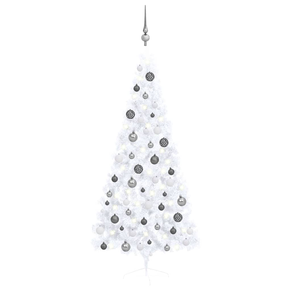 Umělý vánoční půl stromek s LED a sadou koulí bílý 180 cm