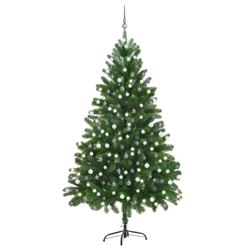 Umělý vánoční stromek s LED a sadou koulí 210 cm zelený