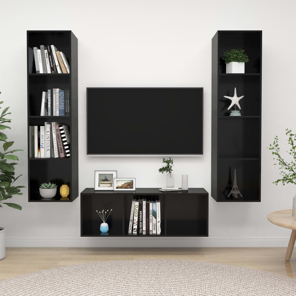 3dílný set TV skříněk černý s vysokým leskem kompozitní dřevo