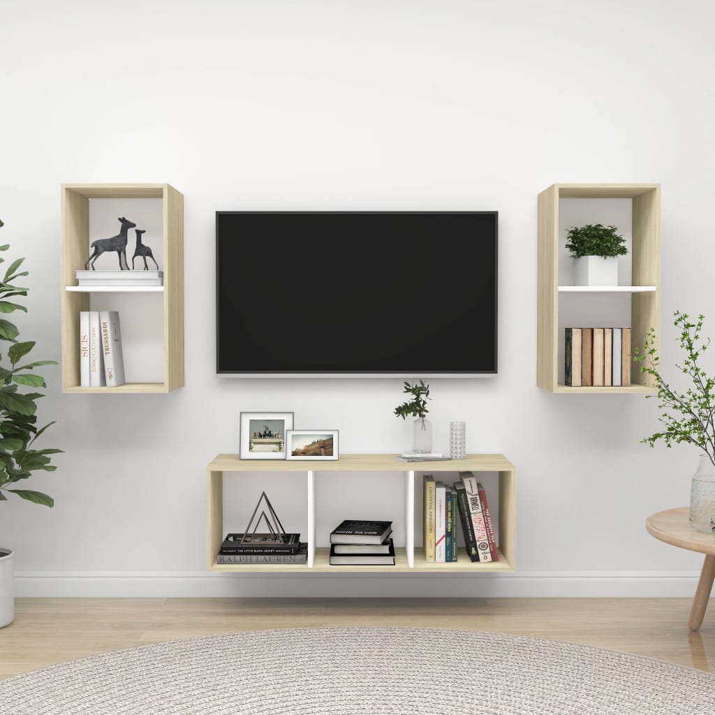 3dílný set TV skříněk bílý a dub sonoma kompozitní dřevo