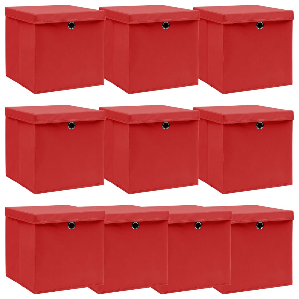 Úložné boxy s víky 10 ks červené 32 x 32 x 32 cm textil