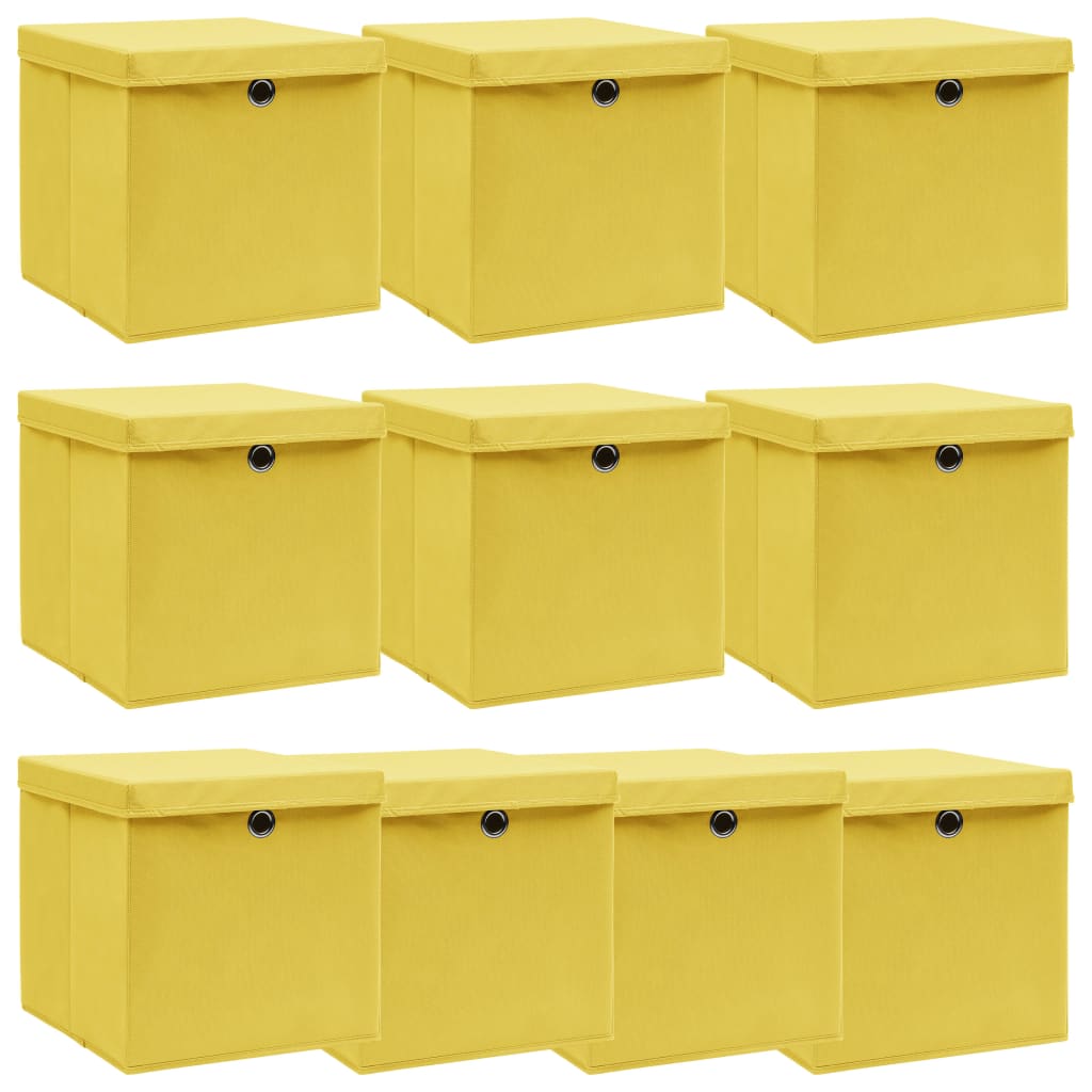 Úložné boxy s víky 10 ks žluté 32 x 32 x 32 cm textil