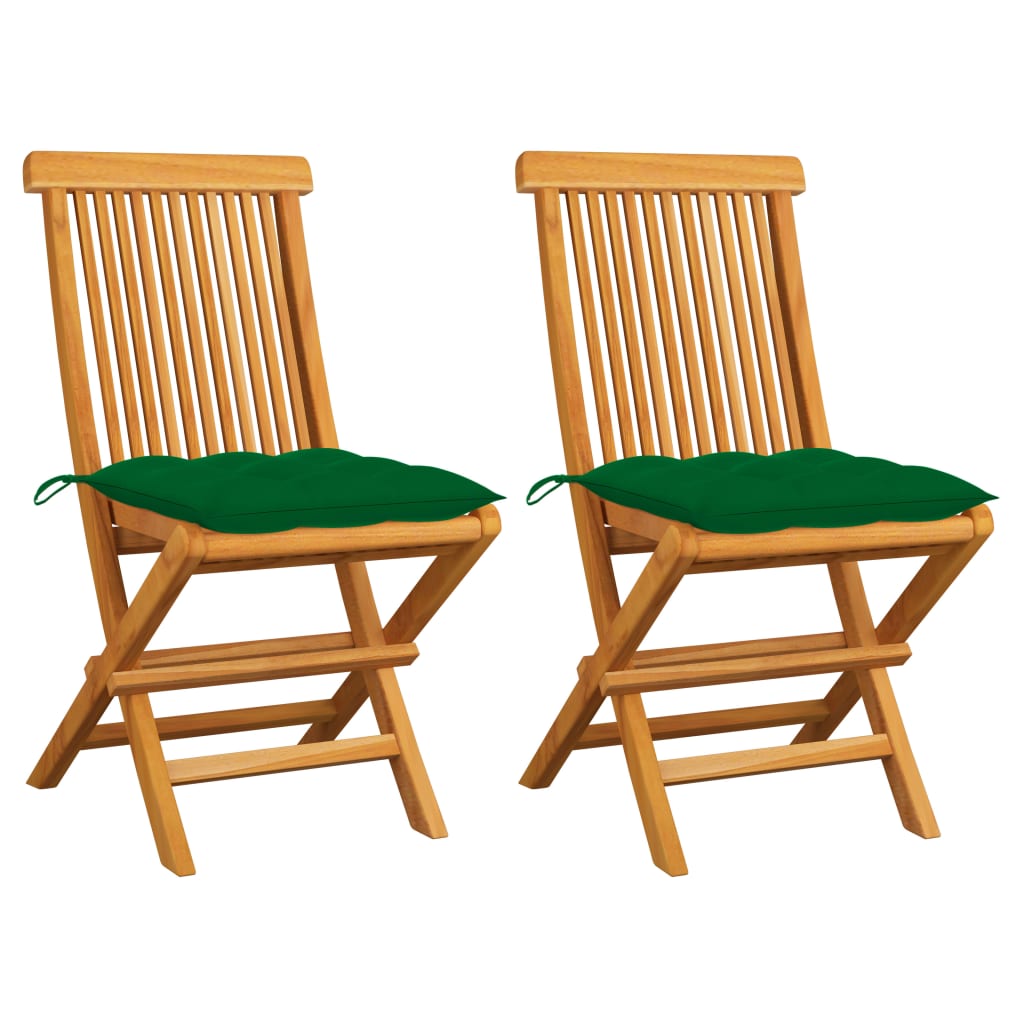 Zahradní židle se zelenými poduškami 2 ks masivní teak
