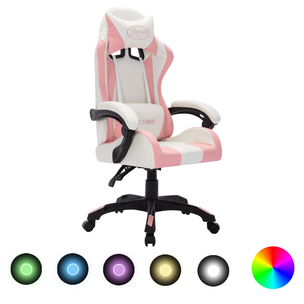 Herní židle s RGB LED podsvícením růžovo-černá umělá kůže