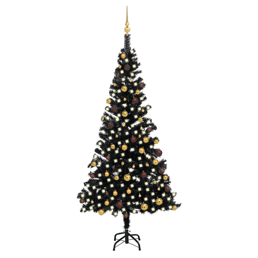 Umělý vánoční stromek s LED a sadou koulí černý 210 cm PVC