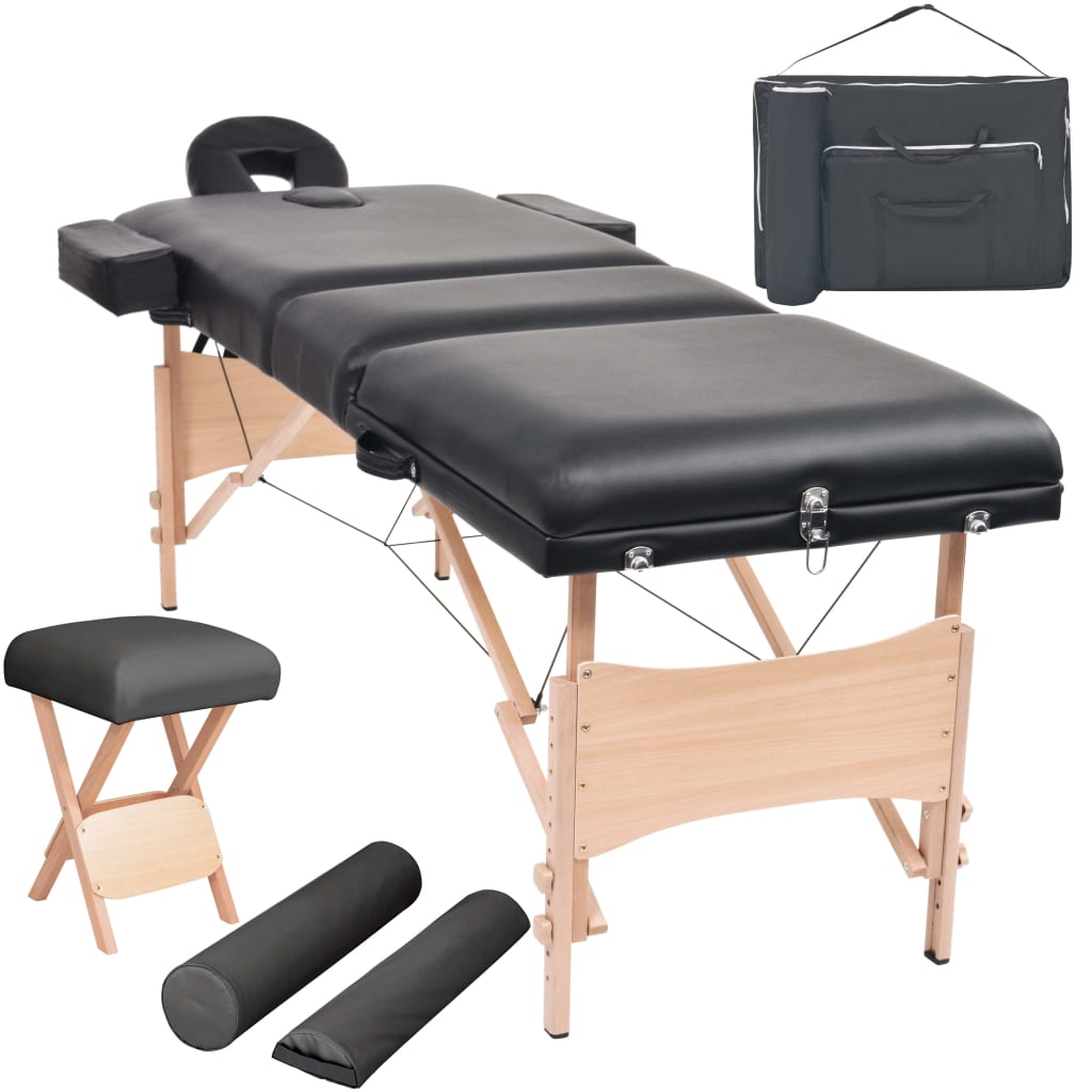 Skládací masážní stůl 3 zóny a stolička tloušťka 10 cm černé
