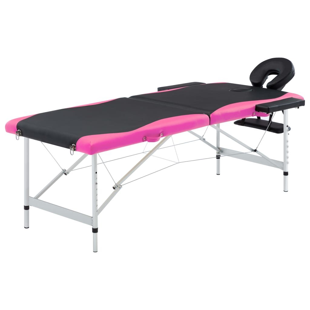 Skládací masážní stůl se 2 zónami hliník černý a růžový