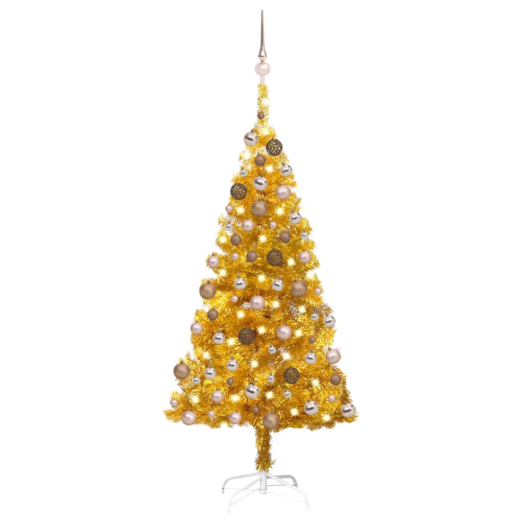 Umělý vánoční stromek s LED a sadou koulí zlatý 120 cm PET