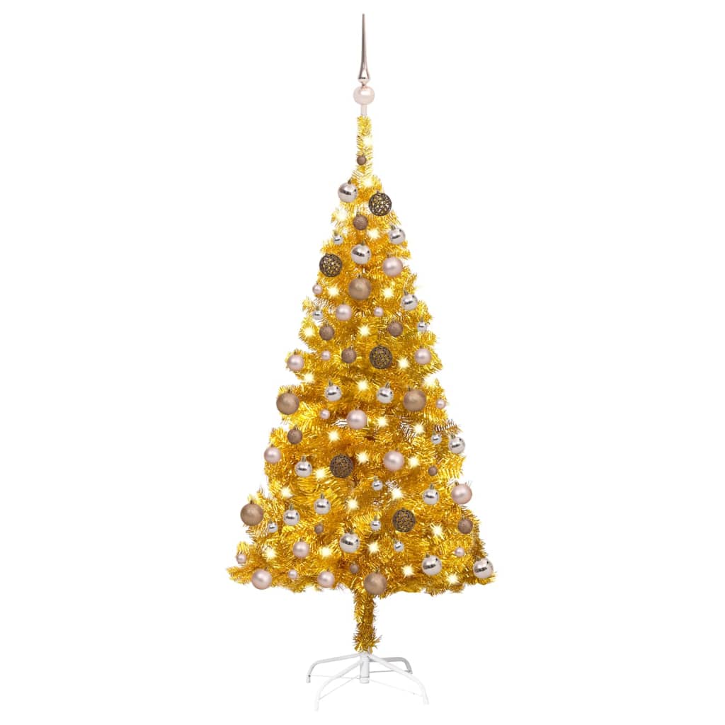 Umělý vánoční stromek s LED a sadou koulí zlatý 150 cm PET