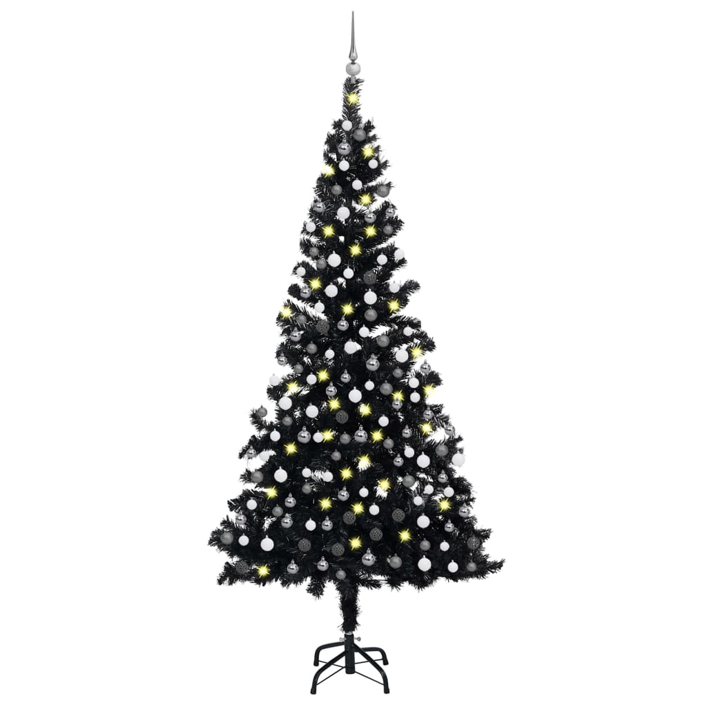Umělý vánoční stromek s LED a sadou koulí černý 210 cm PVC